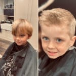 Boy happily having his haircut — Hair And Beard Styles in Hope island, QLD